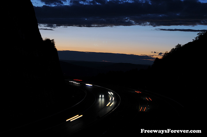 Night view of traffic on Interstate 68 highway at Sideling Hill Maryland