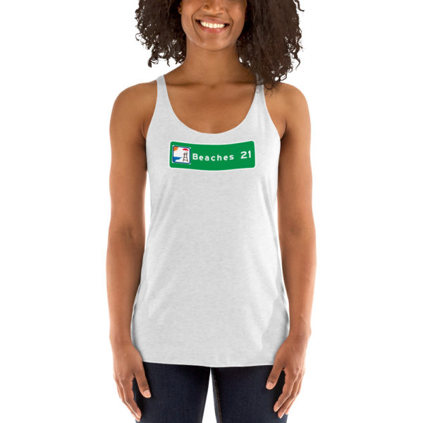 Girl wearing Beaches 21 Miles Highway Sign racerback tank