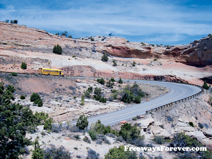 School Bus on winding highway at Colorado National Monument