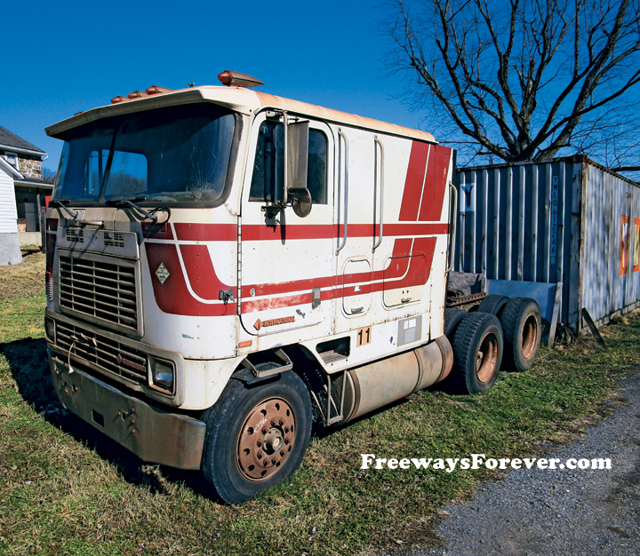 International tractor trailer cabover parked on a farm in Pennsylvania
