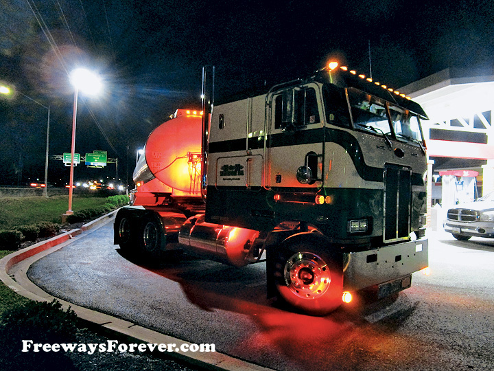 Peterbilt cabover sleeper owned by M&M Transport of Centreville, Maryland, with a tanker trailer at Wawa along U.S. Route 50 near the Bay Bridge